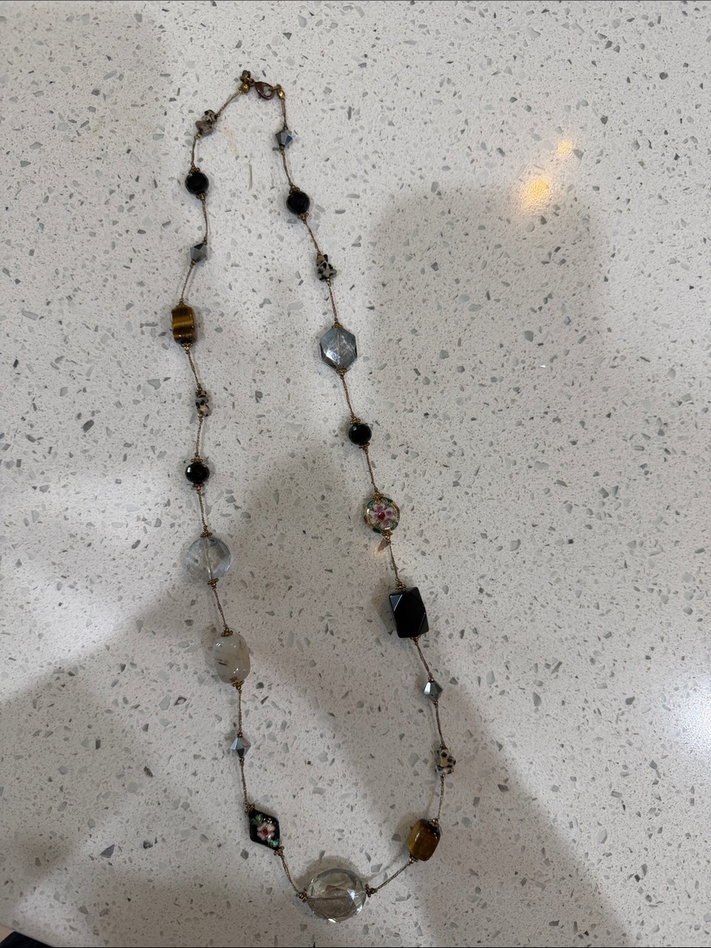 Glass Bead Long Necklace in Black, Clear & Gold